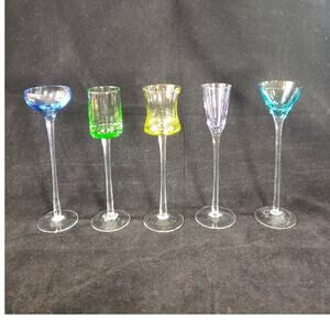 Set of 5 Long Stemmed Cordial Glasses Aperitif Liqueur Each Unique Multicolor